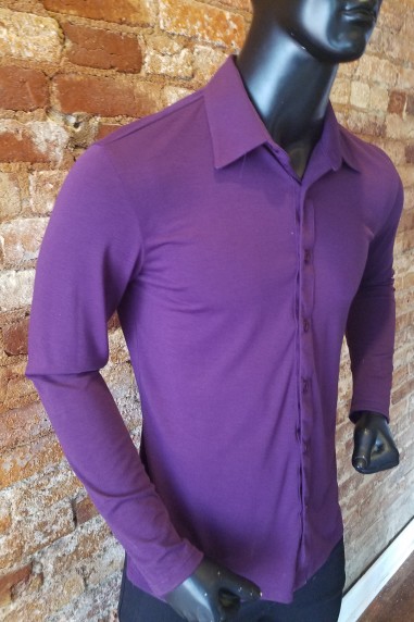 purple shirt and black pant